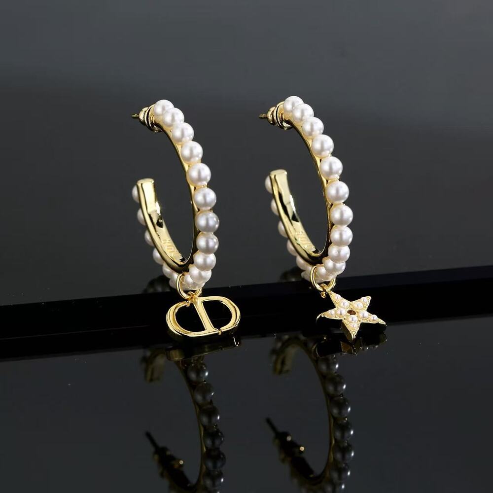 Dior Gold Tone Pearl Hoop Earrings with Star and Logo Charms Designer Jewelry
